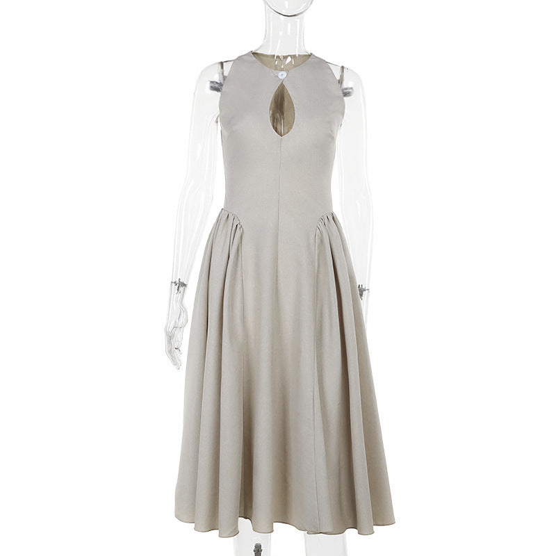 Keyhole Cutout High Neck Smocked Waist A Line Midi Dress