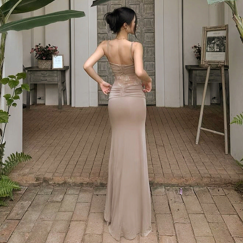 Spaghetti Strap Sweetheart Lace Panel Knot Ruched Maxi Gown