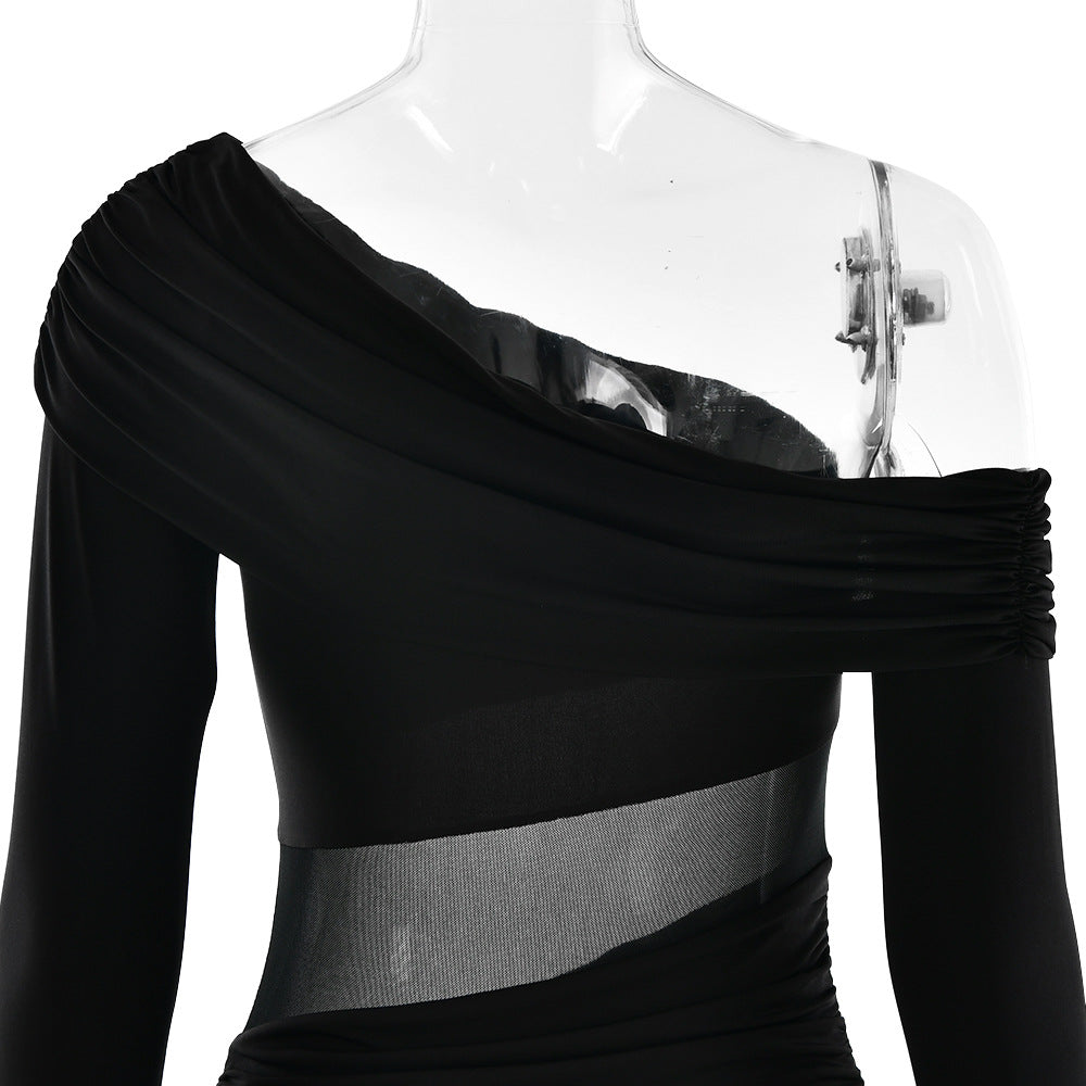 One Shoulder Asymmetric Ruching Mesh Midriff High Slit Maxi Gown