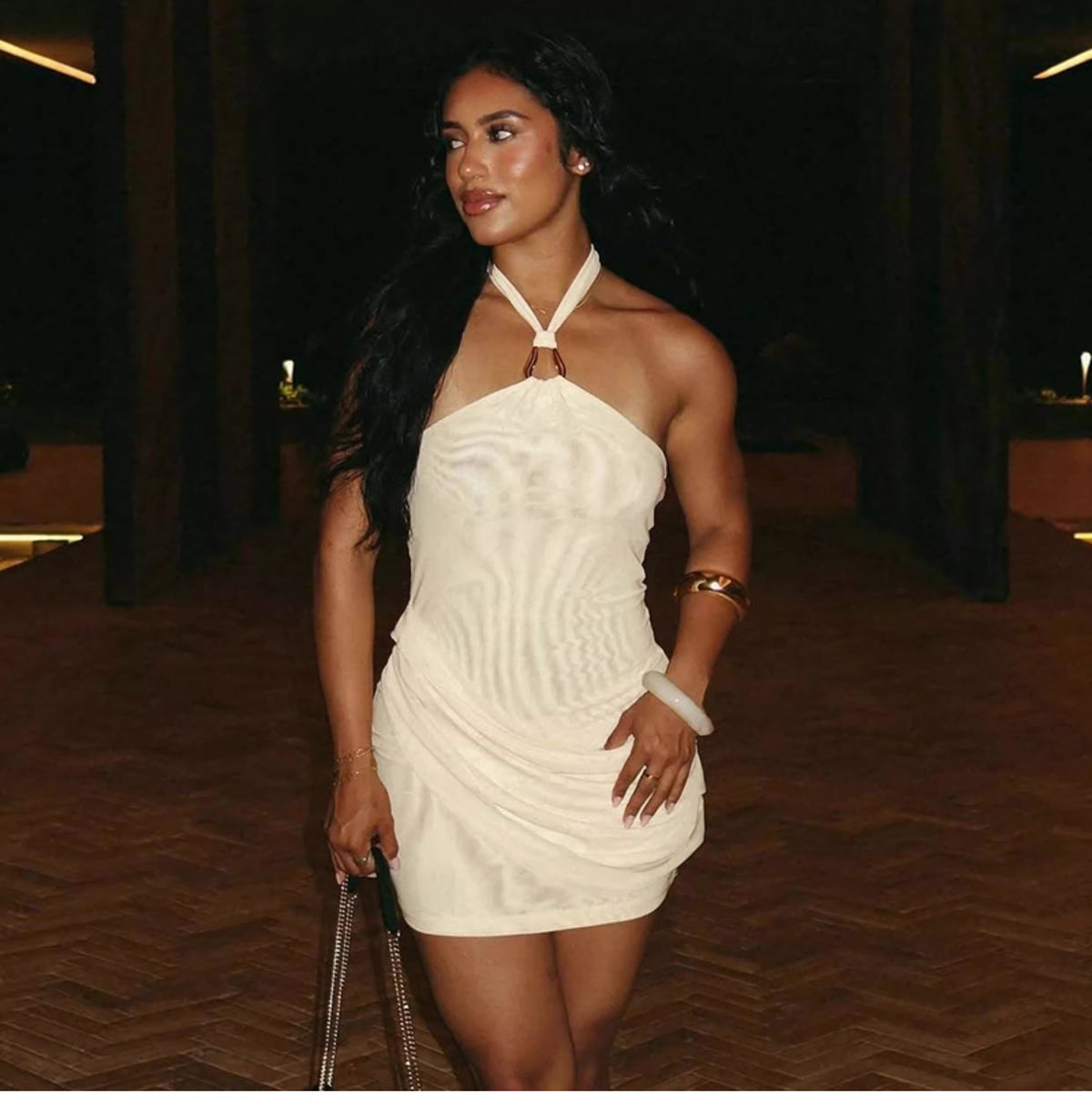 Buckle Detail Halter Mini Dress