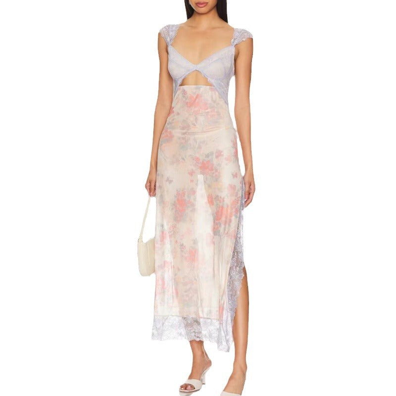 Sweetheart Lace Trim Floral Mesh High Slit Midi Dress