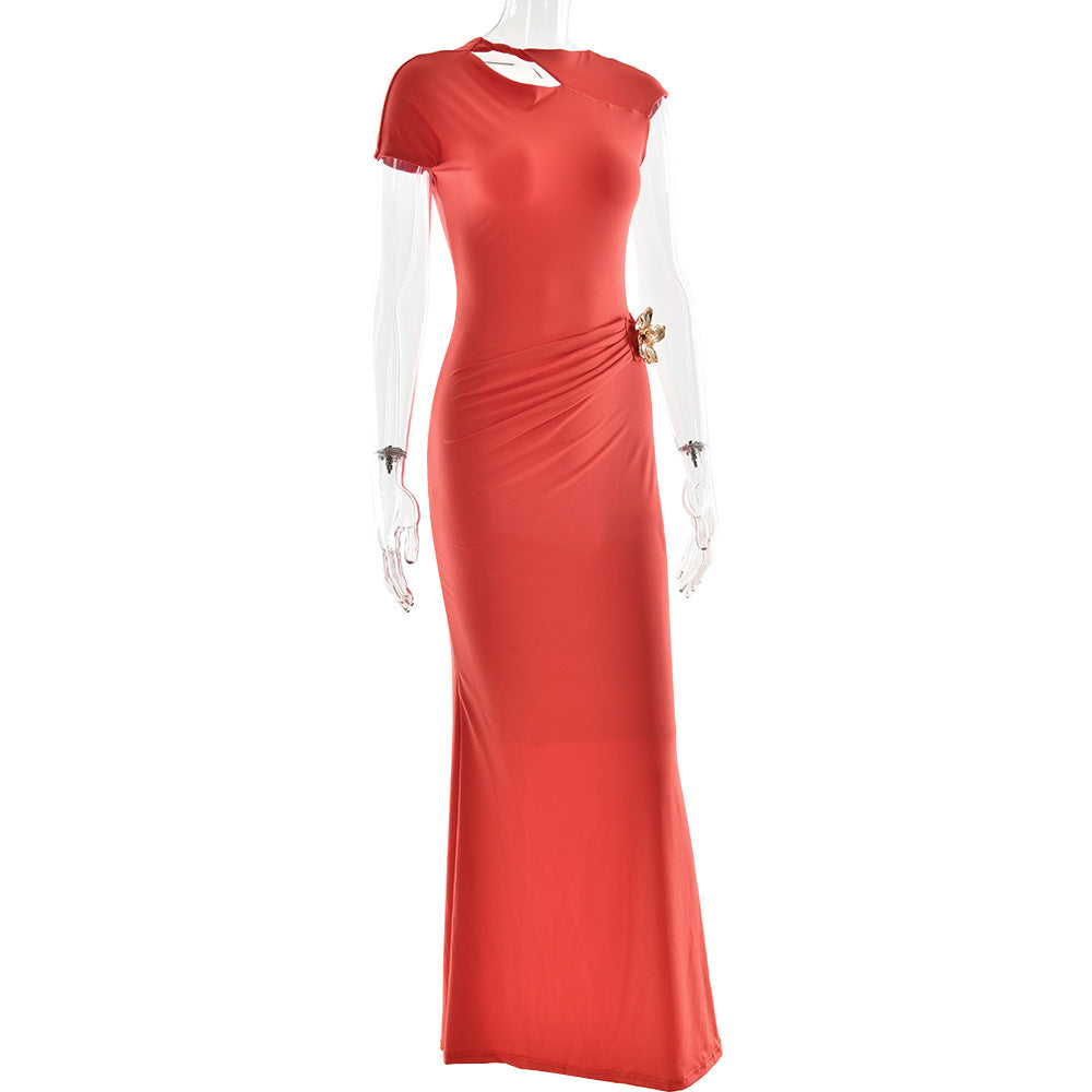 One Shoulder Cap Sleeve Cutout Ruched Maxi Dress with Buckle