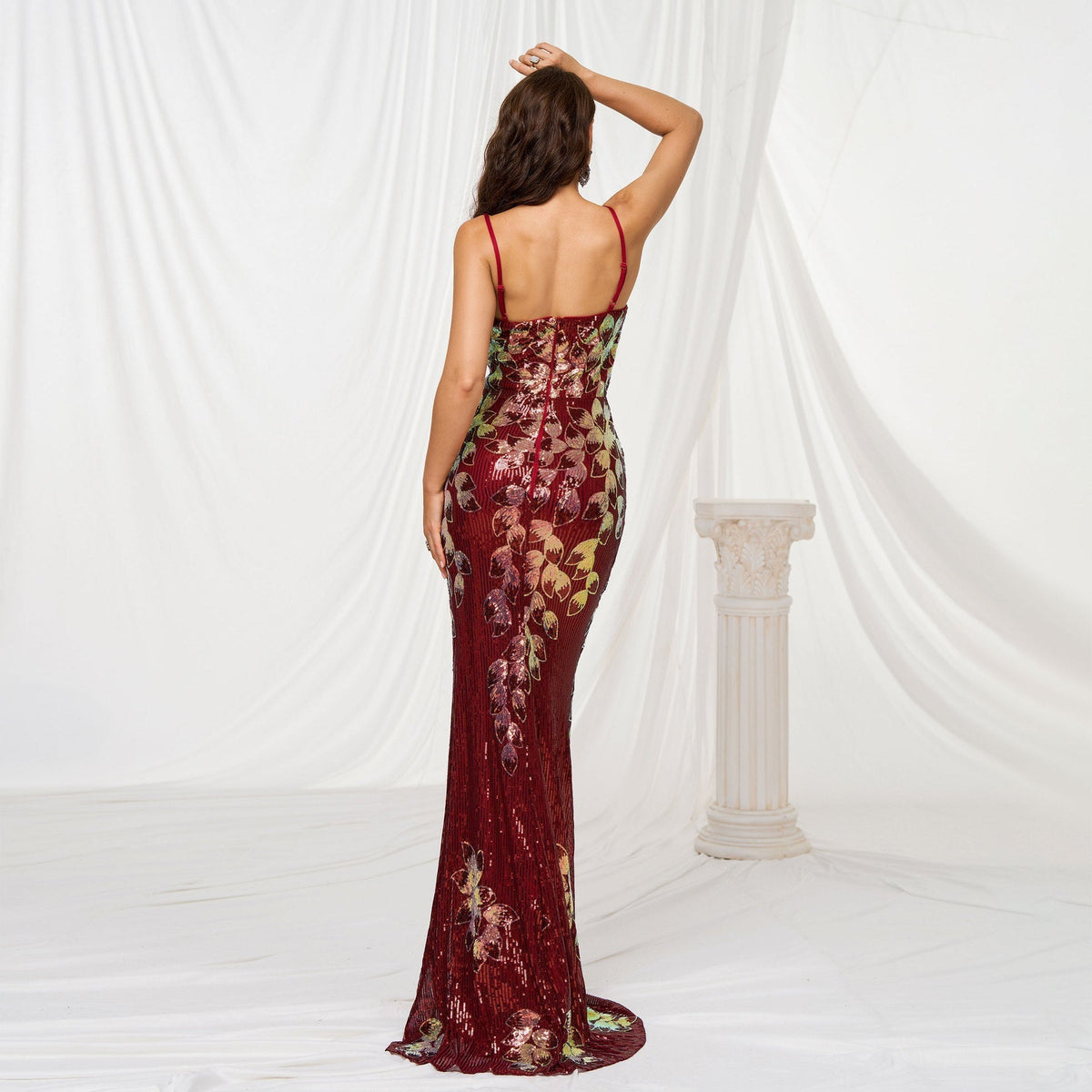 Square Neck Spaghetti Strap Floral Vine Sequin Mermaid Maxi Gown