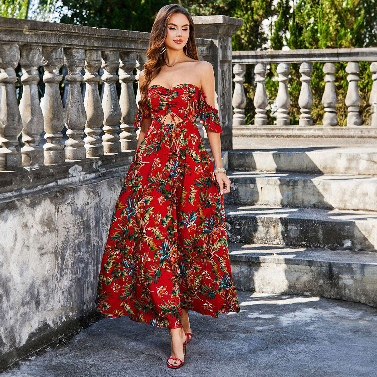 Off Shoulder Ruched Bust Cutout Tie Tropical Print Flounce Sleeve Maxi Dress