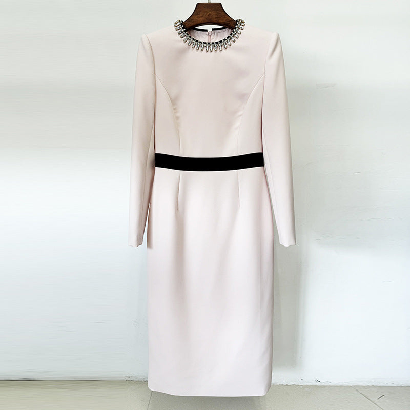 Crystal Embellished Crew Neck Long Sleeve Contrast Waistband Sheath Midi Dress