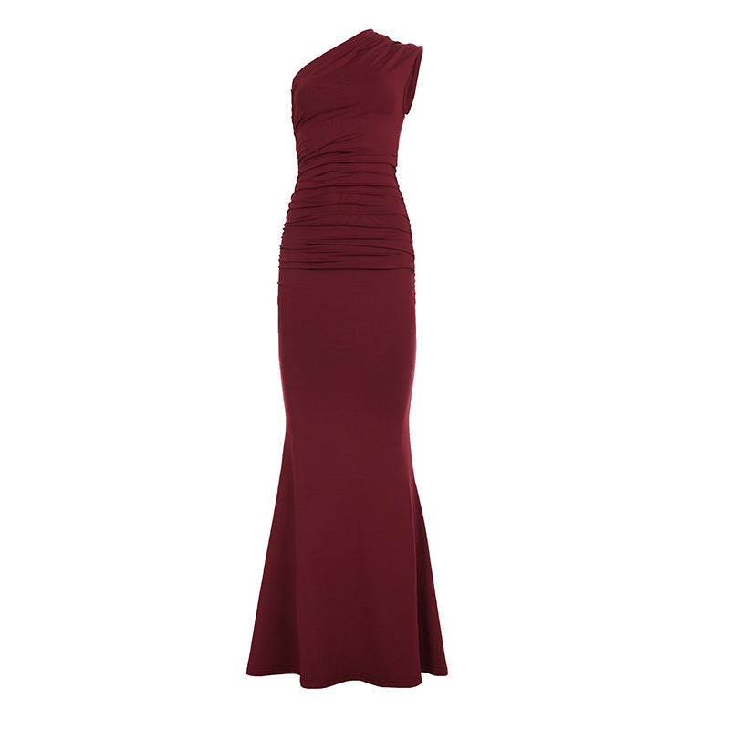 One Shoulder Ruched Side Detail Column Maxi Dress