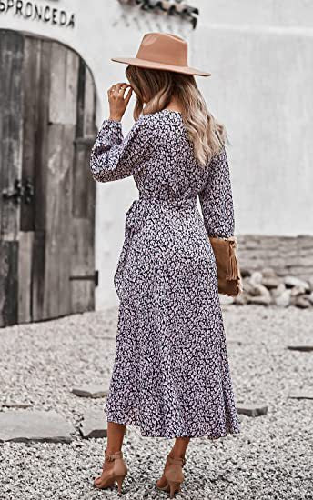 Floral Wrap V-Neck Long Sleeve Ruffle Hem Midi Dress