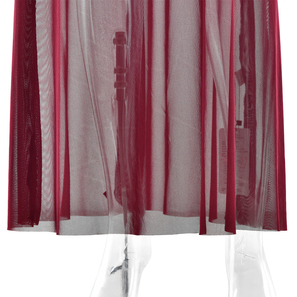 Crew Neck Sheer Mesh Ruched Cutout Overlay Maxi Dress