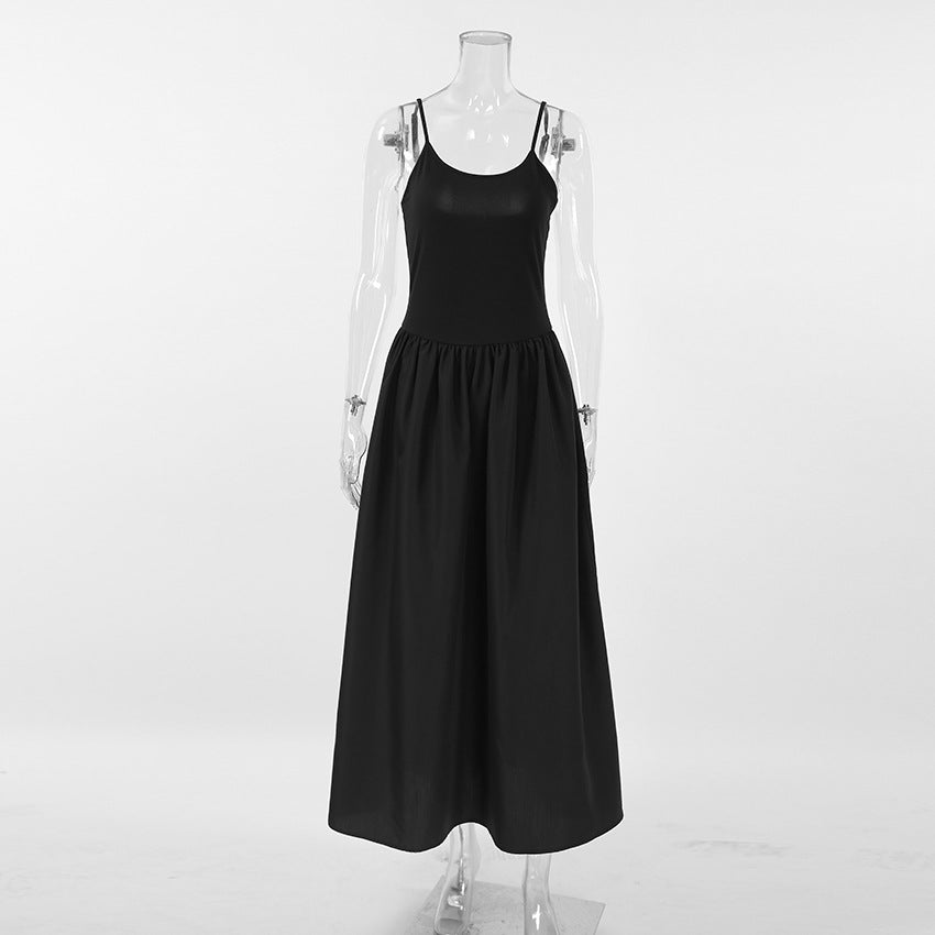 Scoop Spaghetti Strap Drop Waist Pleated Poplin Skirt Maxi Dress