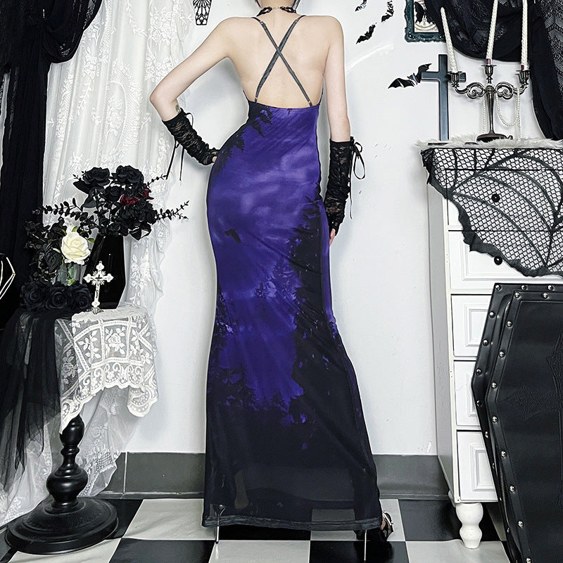 Cowl Halter Spooky Forest Bat Print Mermaid Maxi Dress