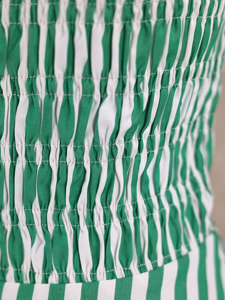 Strapless Shirred Striped Flowy Maxi Dress