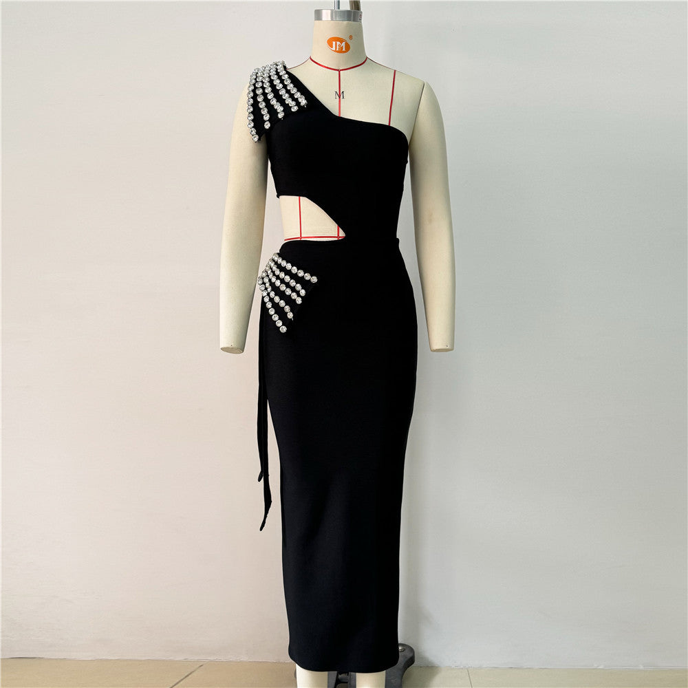 One Shoulder Waist Cutout Rhinestone Sunburst Sash Ankle-Length Gown