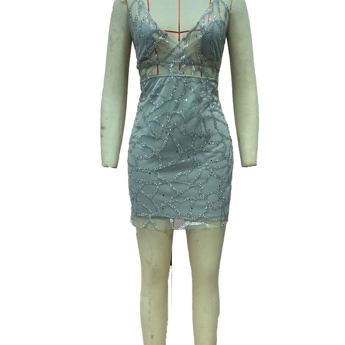 Plunging V-Neck Spaghetti Strap Sequin Embellished Bodycon Mini Dress