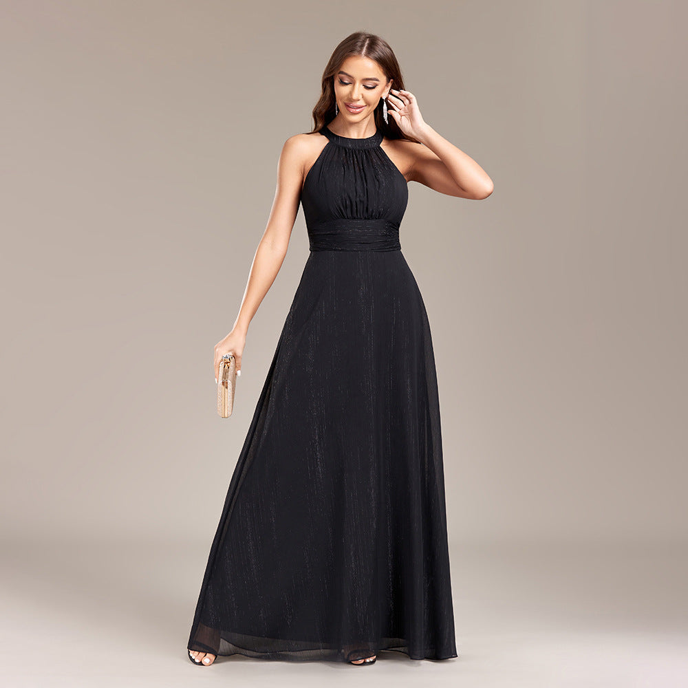 Halter Neck Pleated Bodice High Waist A-Line Floor Length Gown