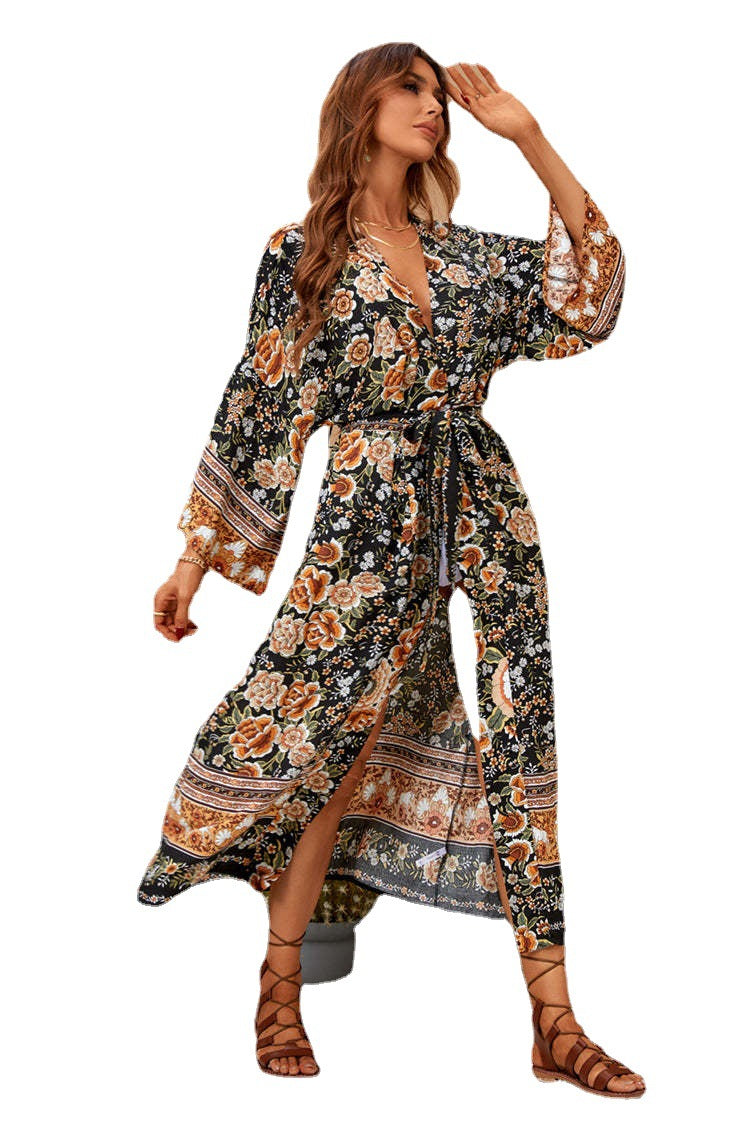 Surplice Wrap Floral Print Satin Midi Dress
