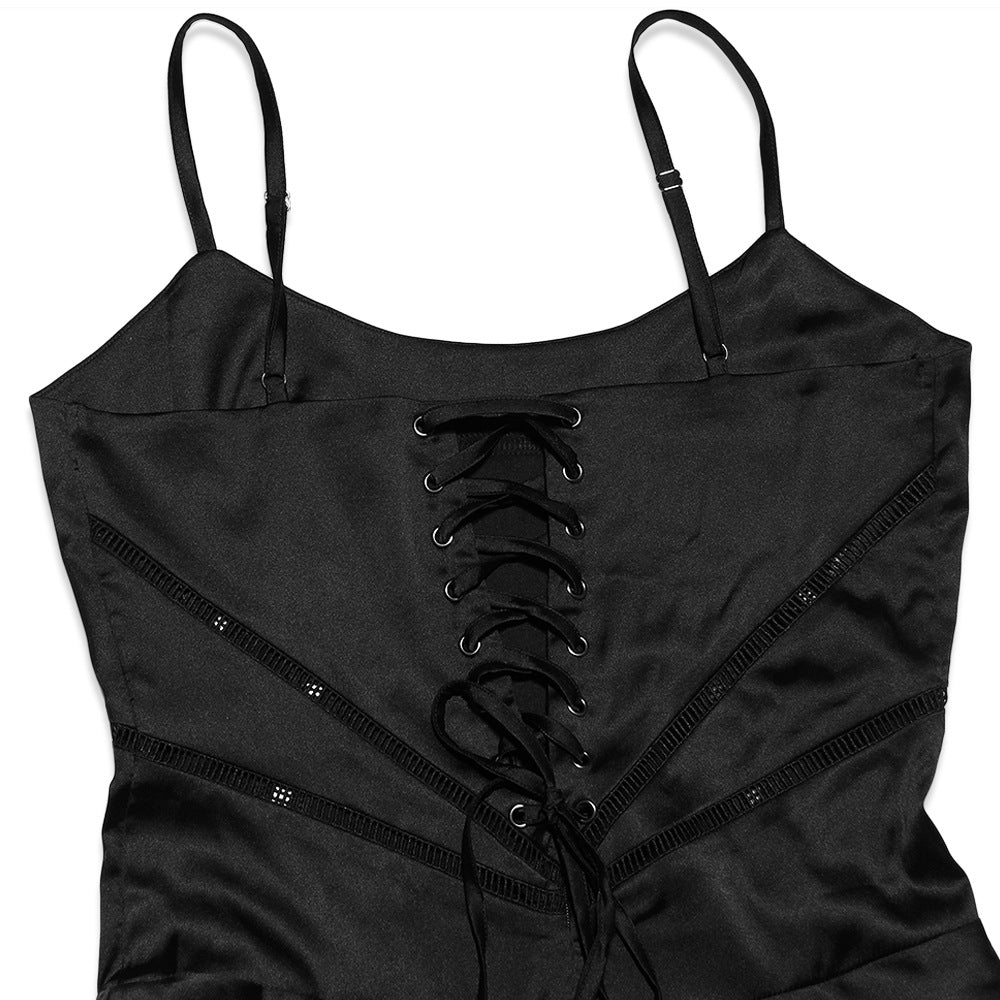 Square Neck Corset Bodice Pintuck Lace Up Back Satin Slip Maxi Dress