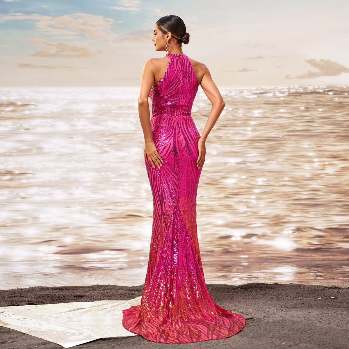 Halter Keyhole Plunge Sequin Wave Stripe Mermaid Floor Length Gown