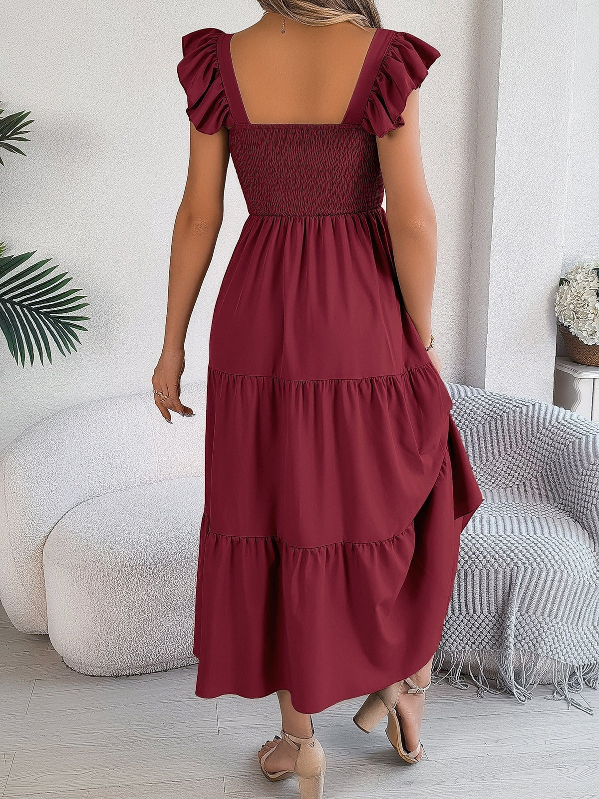 Wine Red Off Shoulder Embroidered Floral Tiered Maxi Dress