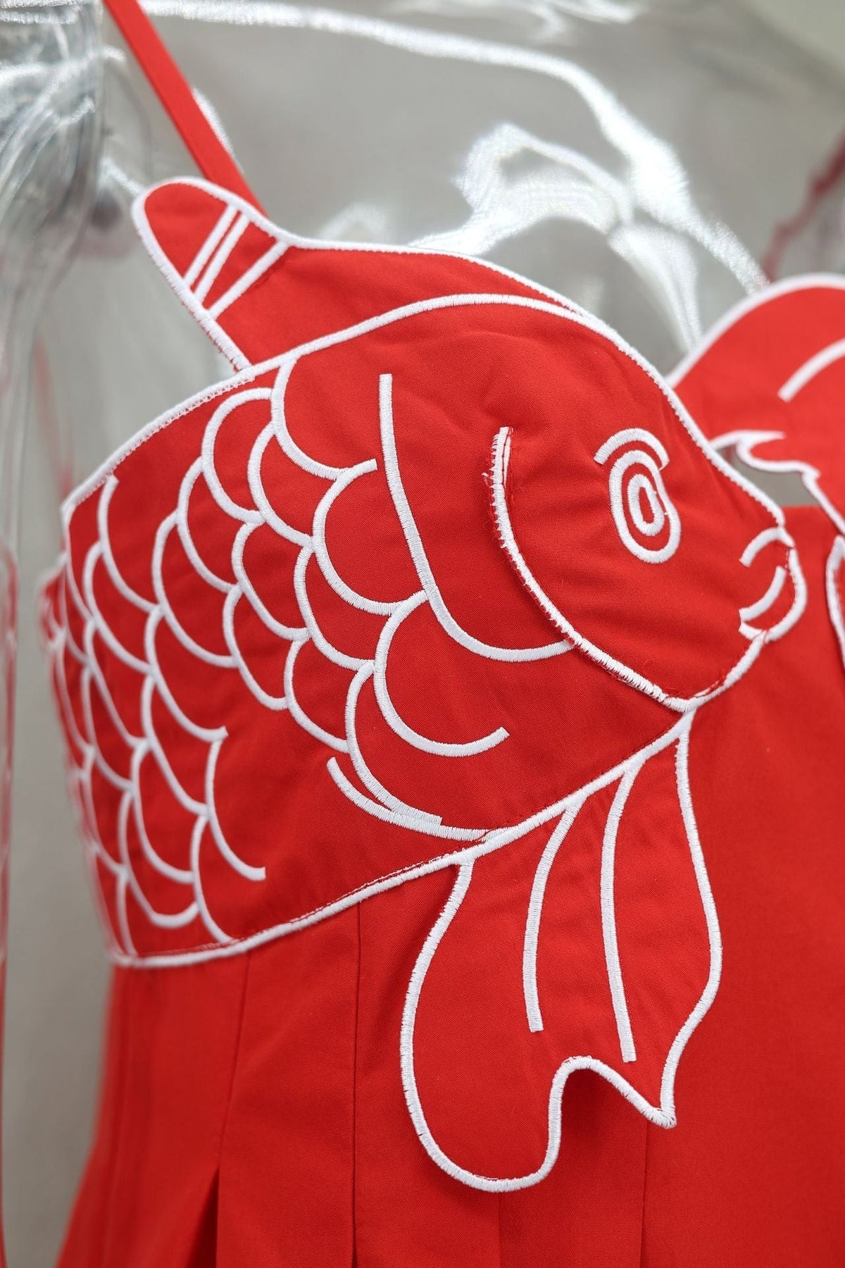 Spaghetti Strap Koi Fish Embroidered Pleated Maxi Dress