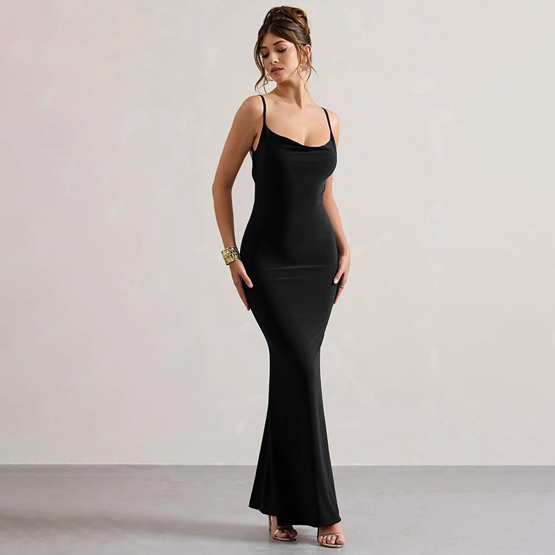 Spaghetti Strap Open Back Lace Inset Panel Column Maxi Dress
