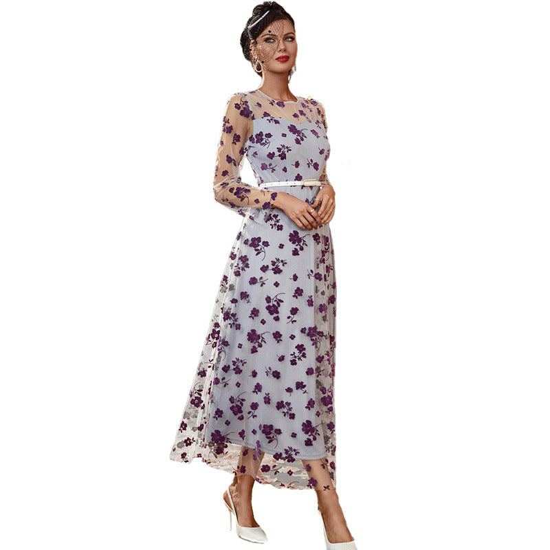 Floral Embroidered Mesh Overlay Belted A-Line Maxi Dress