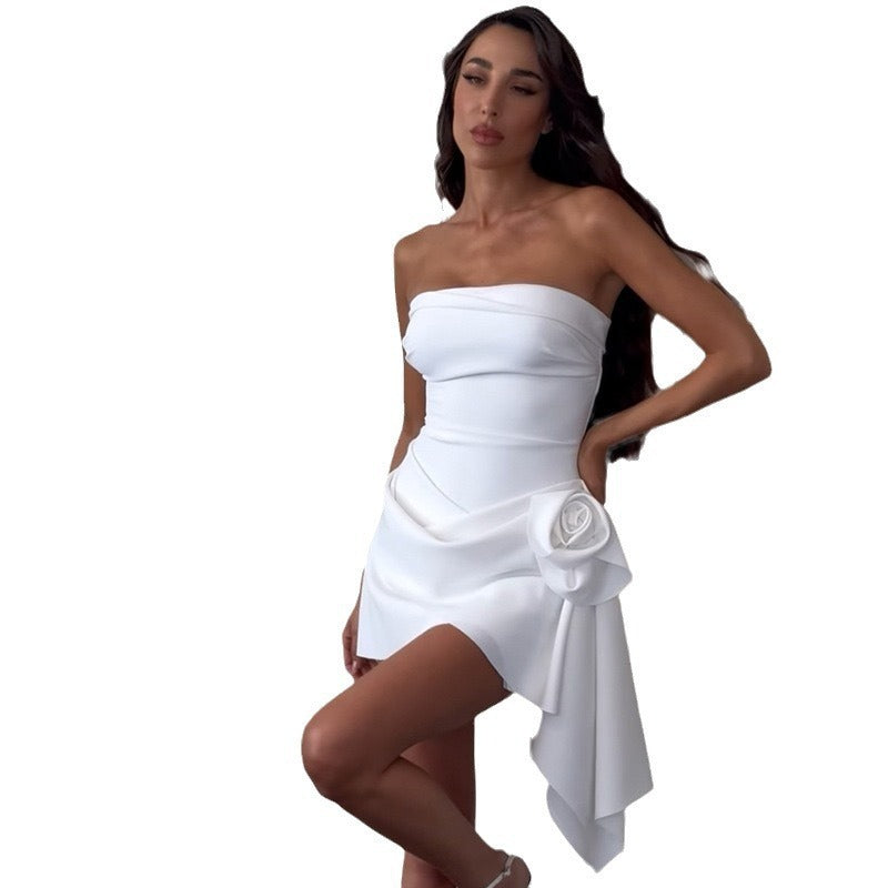 Strapless Draped Rosette Side Panel Asymmetrical Hem Bodycon Mini Dress