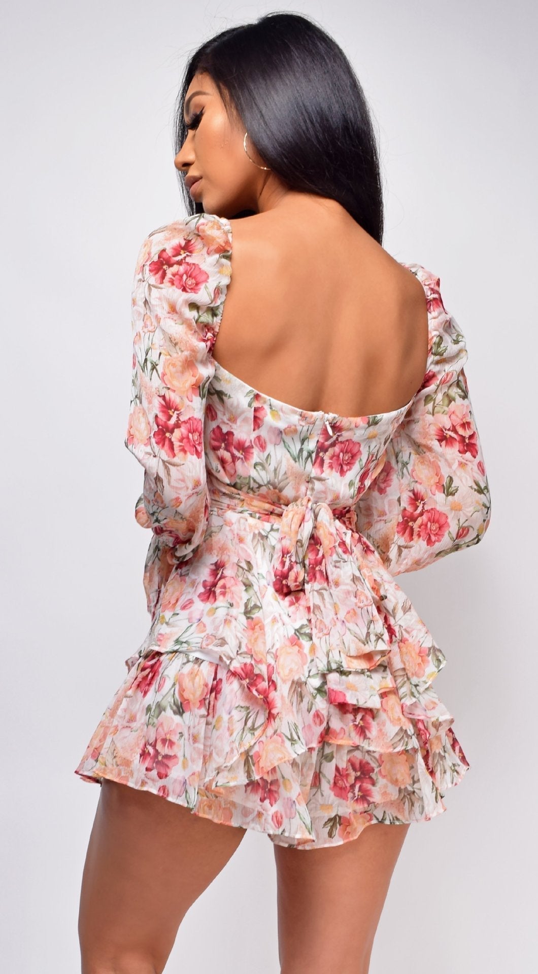 Sweetheart Twisted Bust Balloon Sleeve Wrap Waist Tiered Ruffle Mini Dress