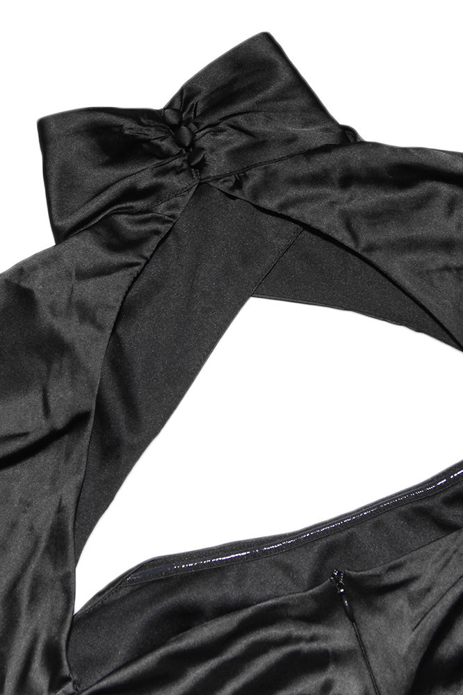 Black Halter Backless Draped Satin Mini Dress