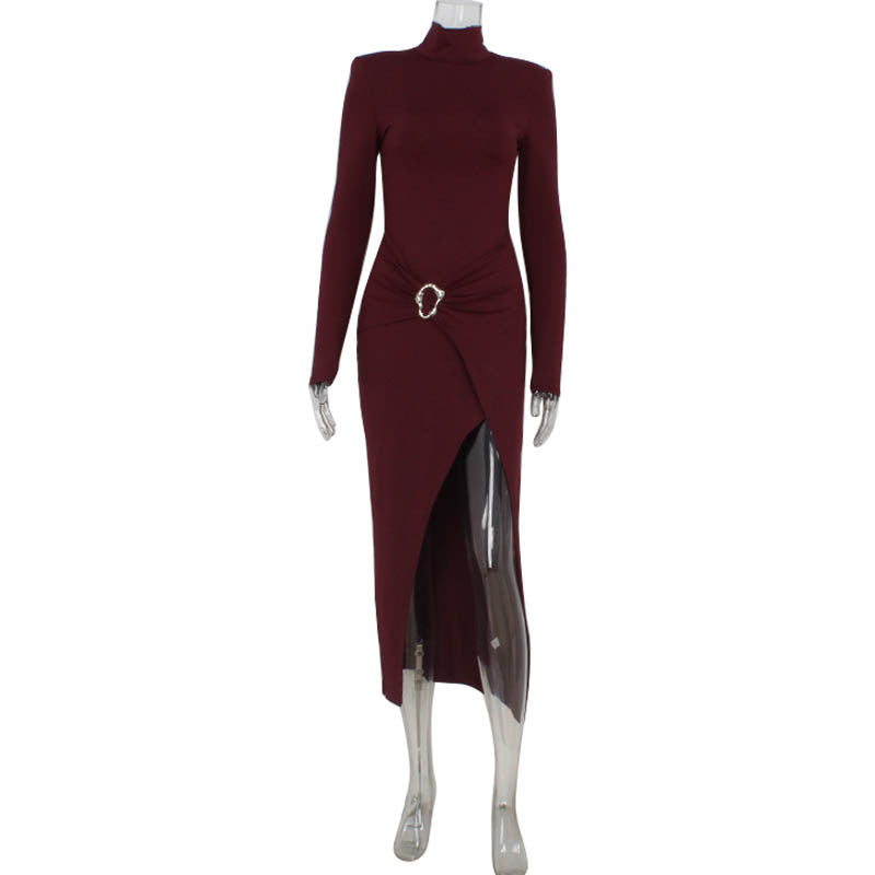 High Collar Long Sleeve Ruched Waist Slit Maxi Dress