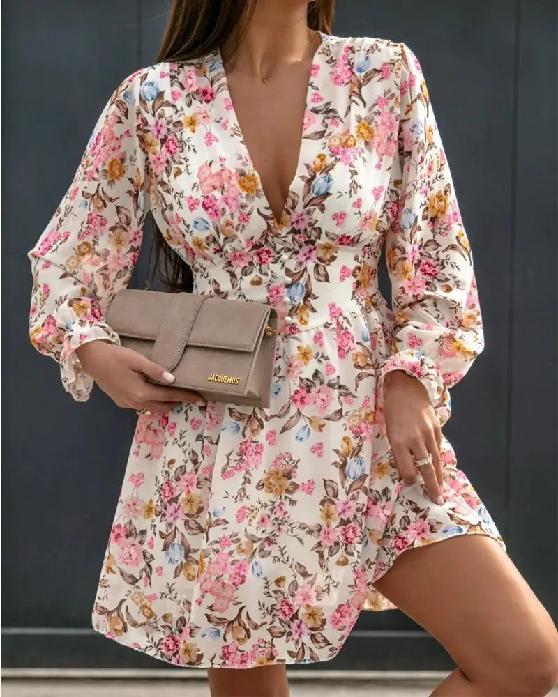 Deep V Neck Bishop Sleeve Button Front Smocked Waist Floral Mini Dress