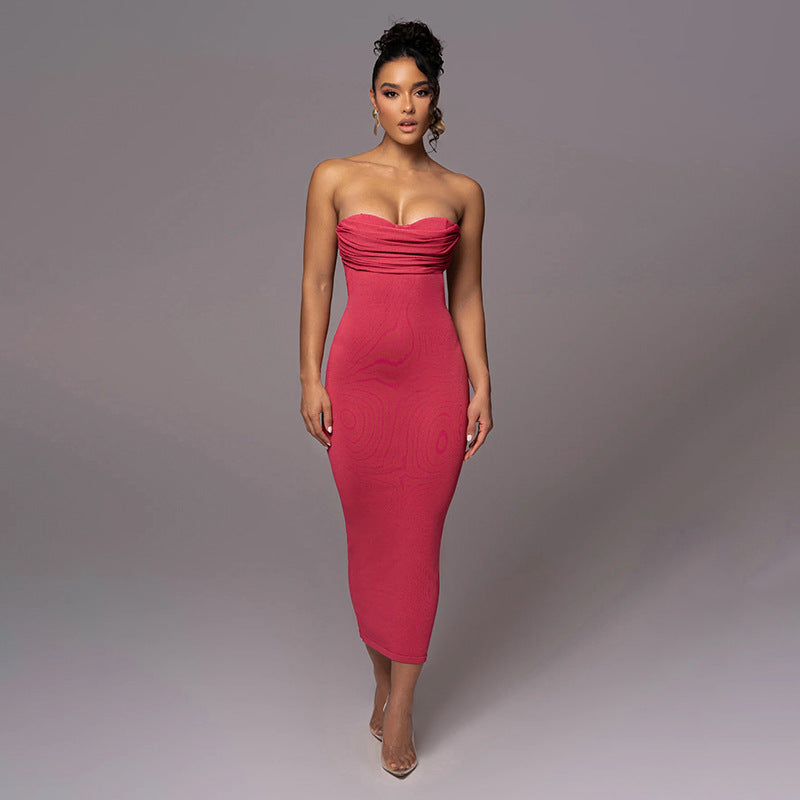 Cowl Neck Chain Strap Draped Shoulder Bodycon Maxi Dress