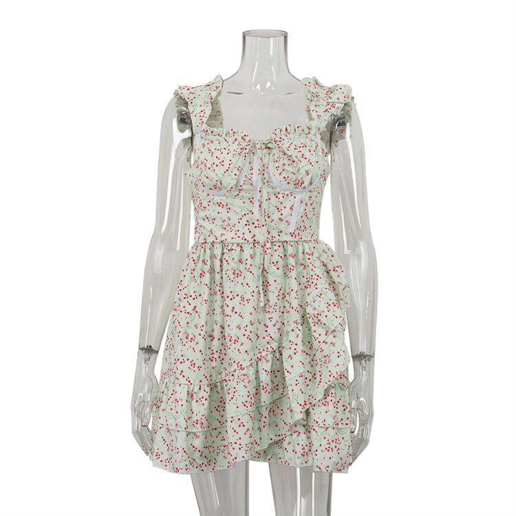 Bustier Lace Up Ruffle Strap Tiered Floral Mini Dress