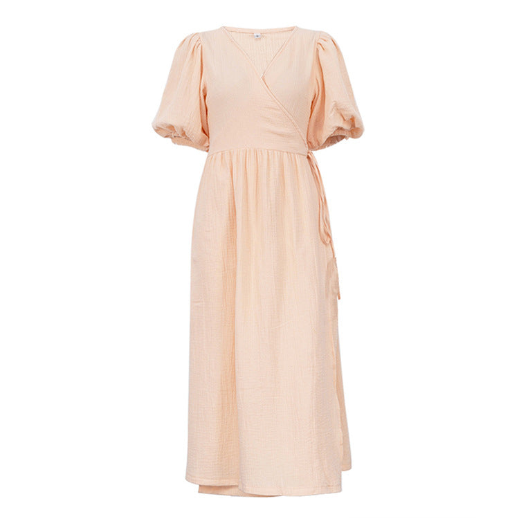 Wrap V Neck Puff Sleeve Gauze Tie Waist A-Line Midi Dress