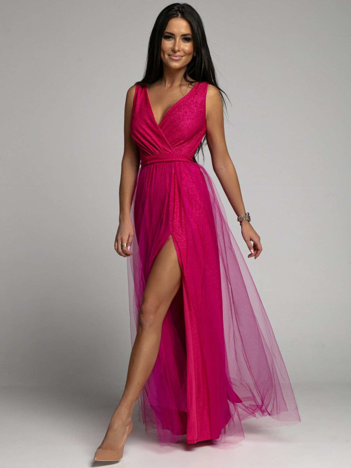 Plunge V-Neck Wrap Bodice Tulle Overlay Side Slit Shimmer Maxi Dress