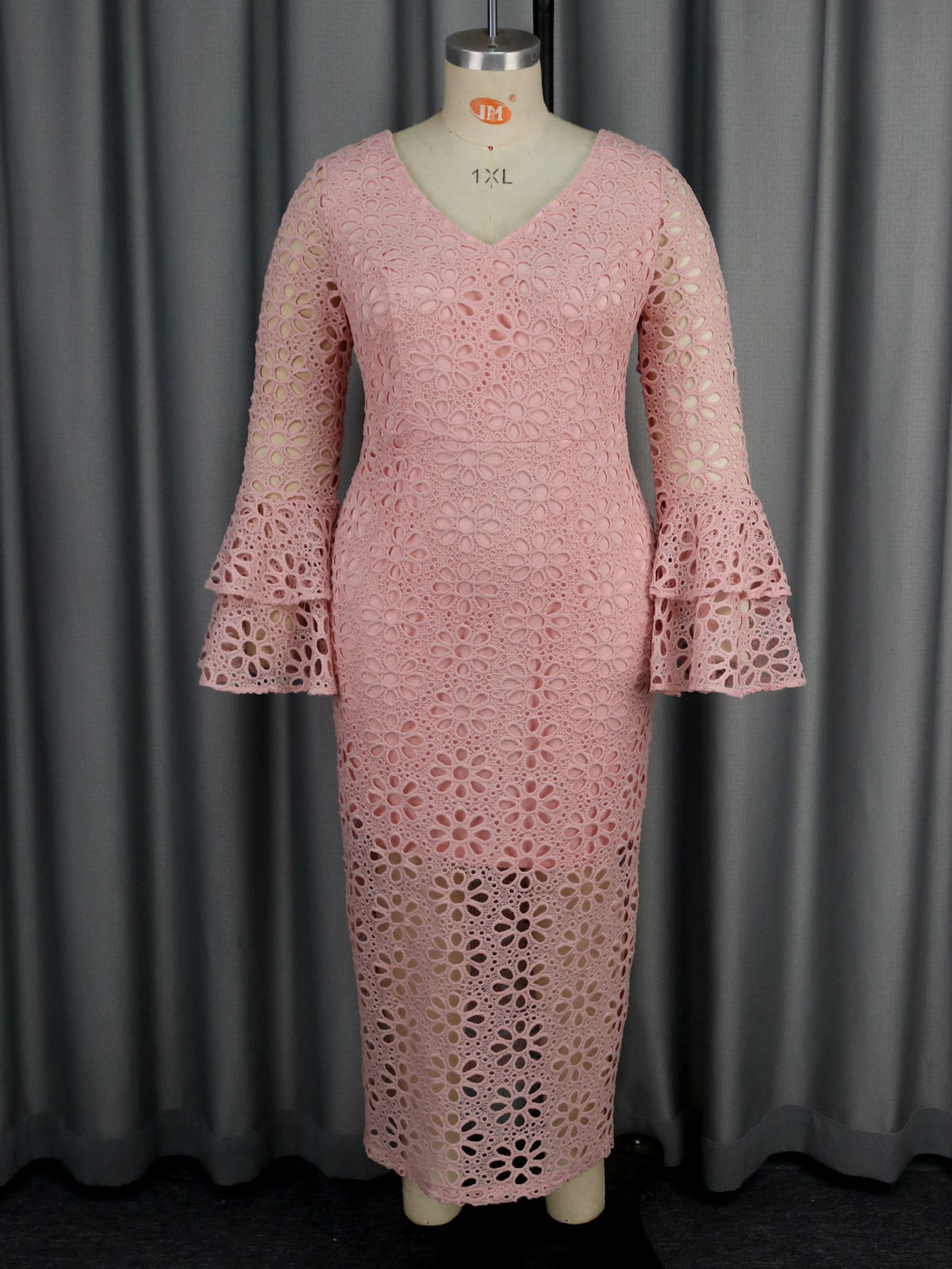 Eyelet Lace Bell Sleeve Scalloped Midi Dress