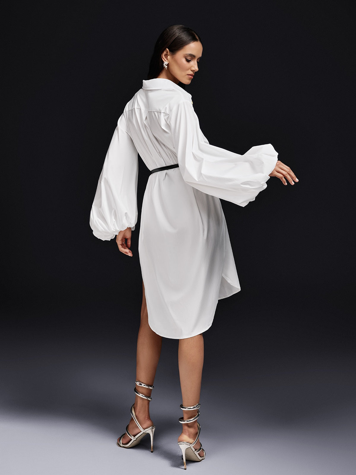 Collared Balloon Sleeve Belted High Low Hem Shirt Dress