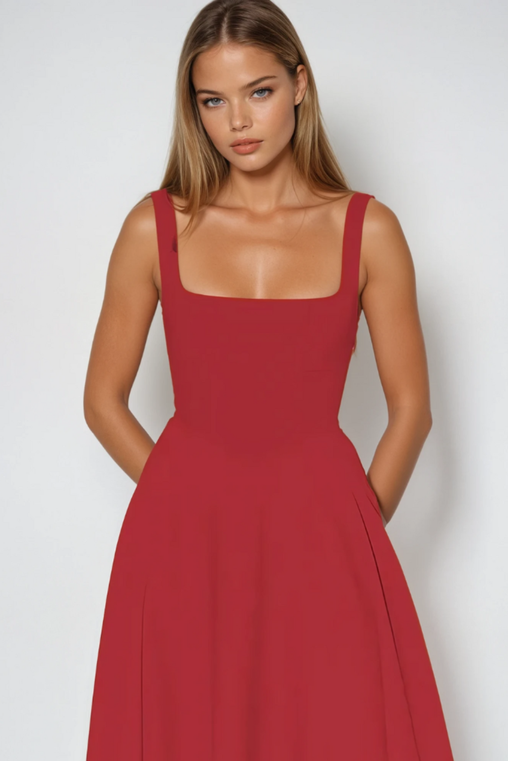 Square Neck Sleeveless Basque Waist A-Line Midi Dress