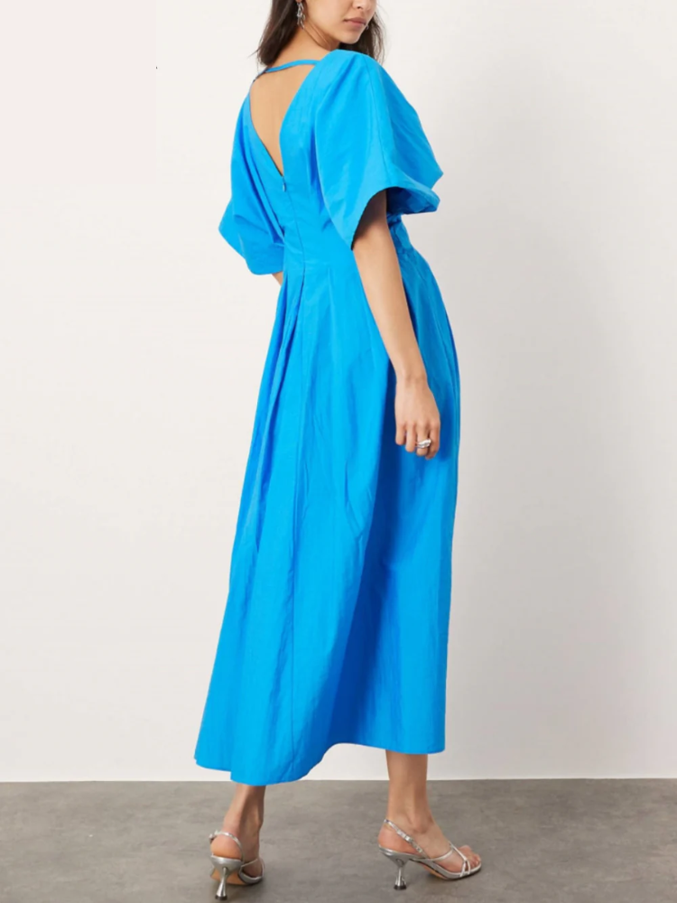 Deep V-Neck Short Flutter Sleeve Pleated Waist A-Line Midi Dress