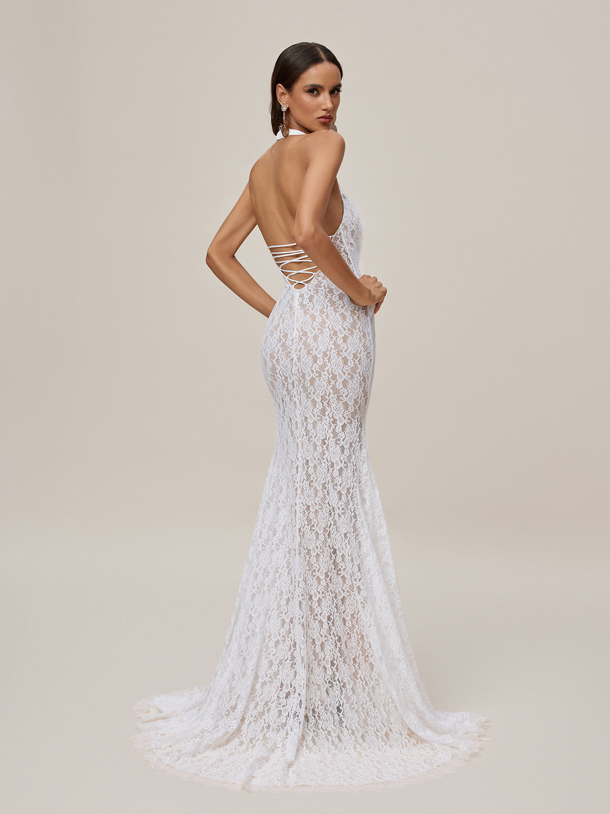 Halter Neck Scalloped Lace Collar Sleeveless Mermaid Lace Maxi Gown