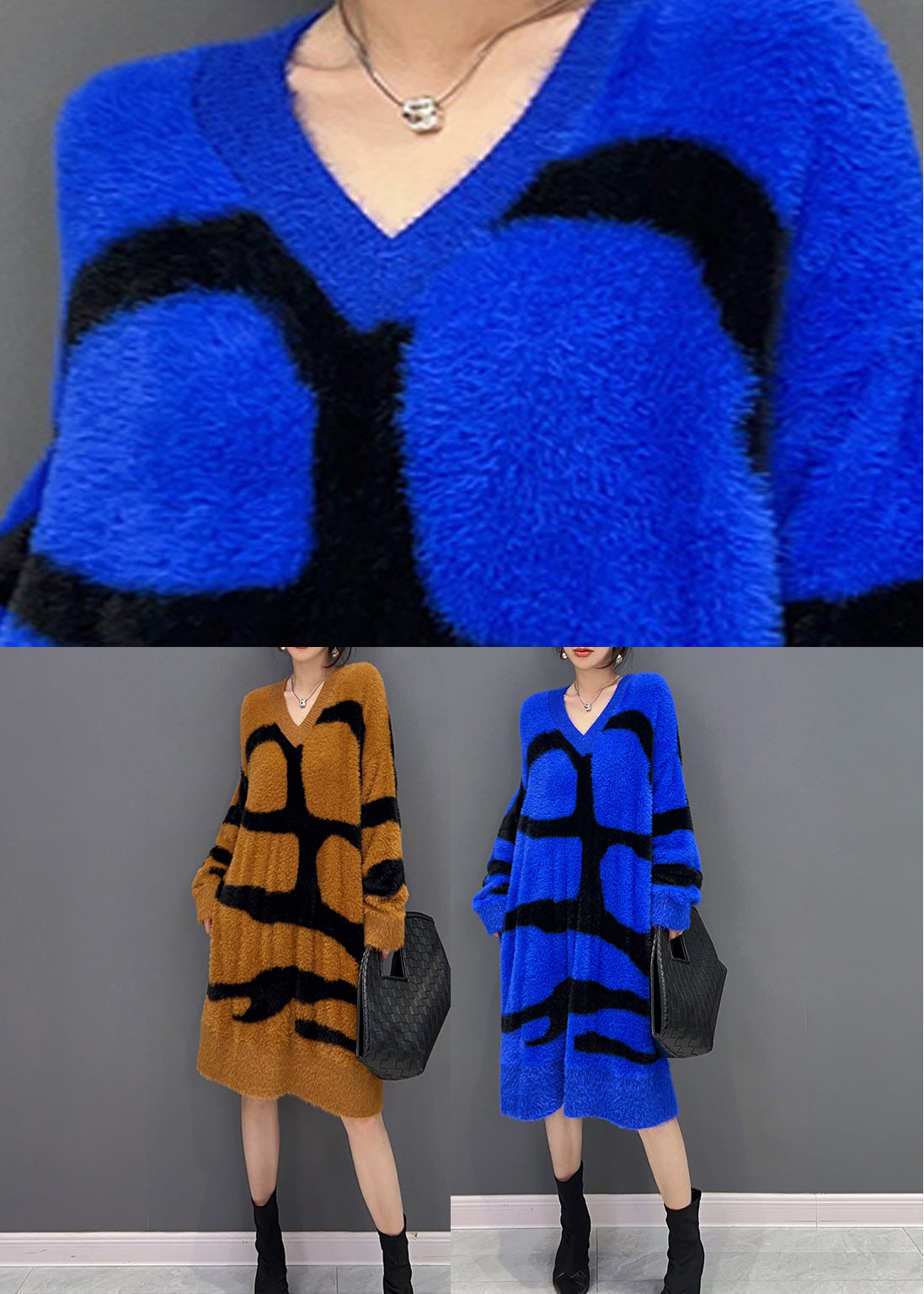Eyelash Knit Abstract Block Pattern V-Neck Pocket Mini Dress