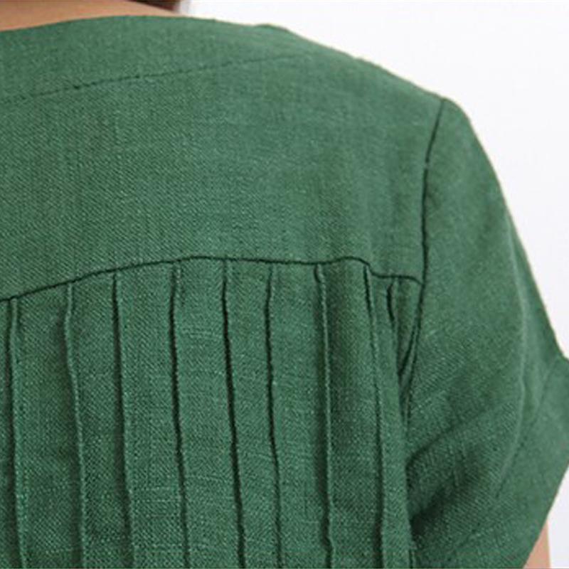 Scoop Neck Pintuck Pleat Cap Sleeve Patch Pocket Linen Shift Midi Dress