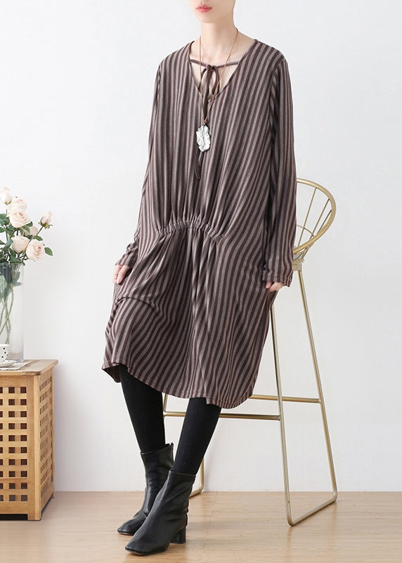 V-Neck Tie Front Vertical Stripe Smocked Waist Pocket Midi Dress