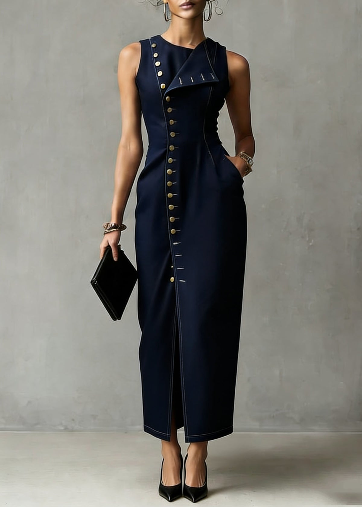 Sleeveless Asymmetric Fold Collar Button Front Pocket Denim Maxi Dress