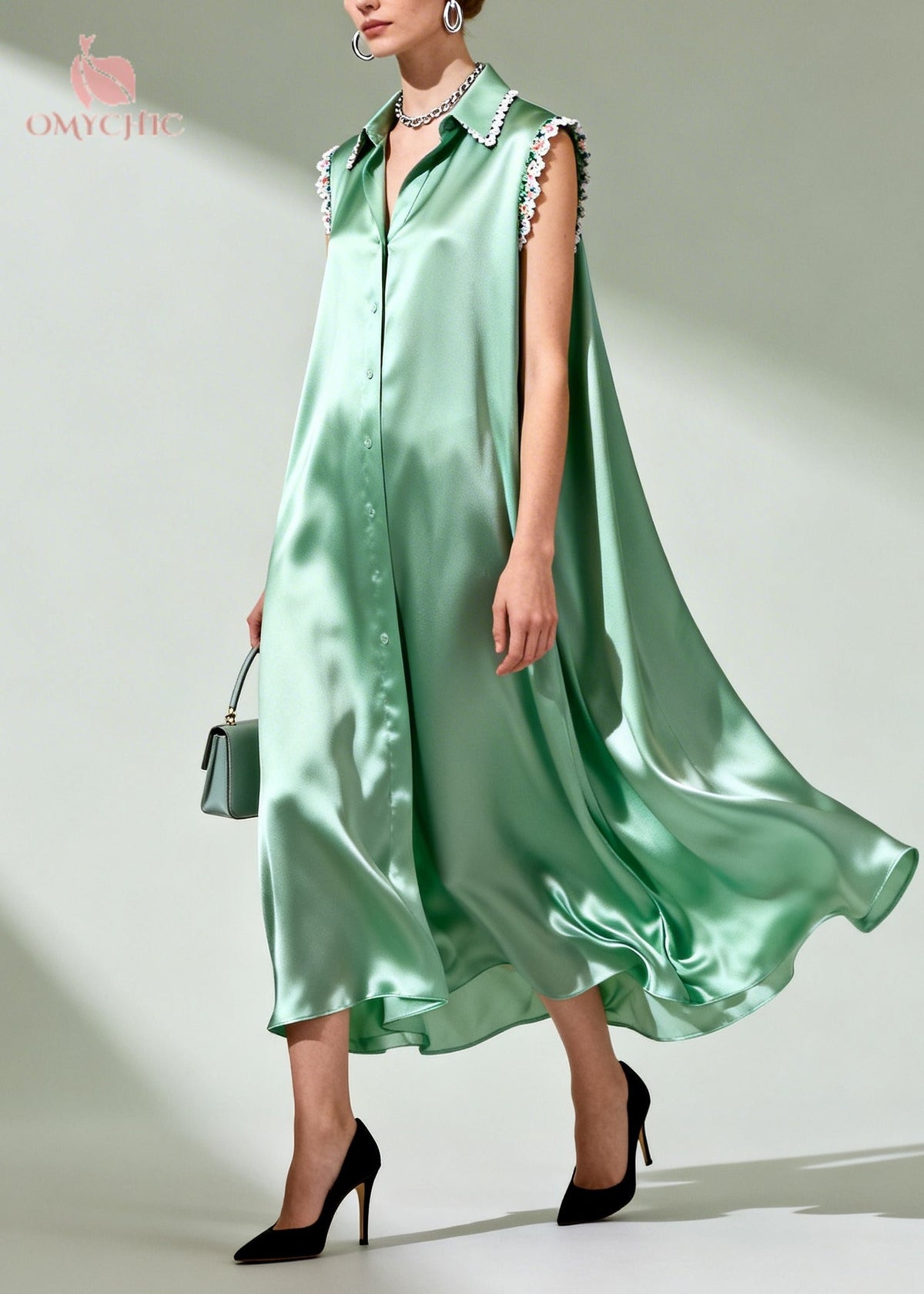 Collared Floral Lace Trim Button-Down Satin Sleeveless Midi Dress