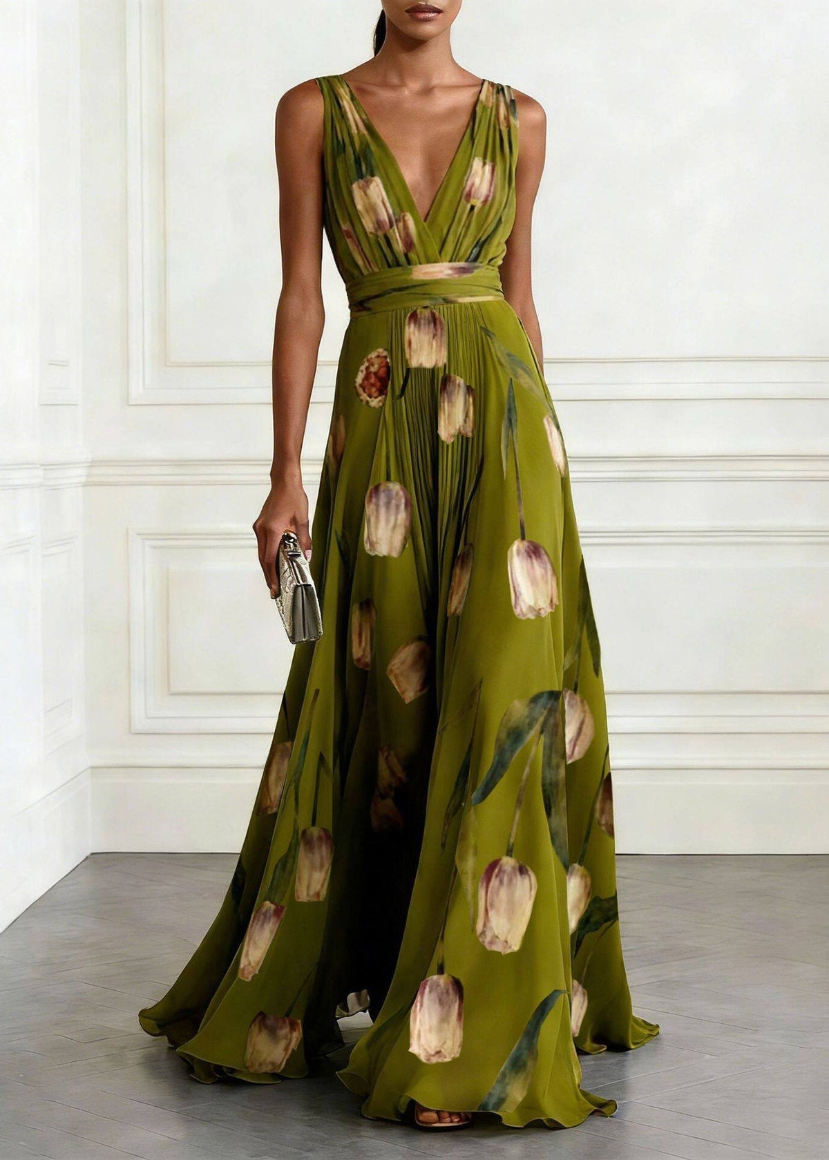Deep V Neck Cummerbund Waist Tulip Print Pleated Chiffon Maxi Gown