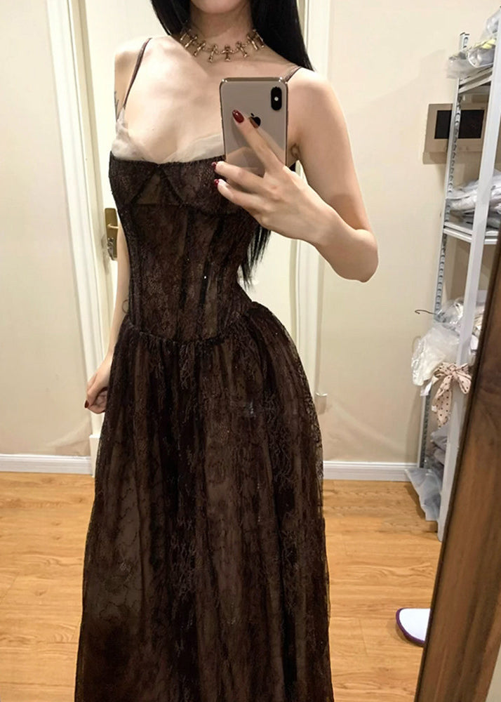 Corset Bodice Sheer Lace Overlay Sweetheart Neck Floral Lace Maxi Gown