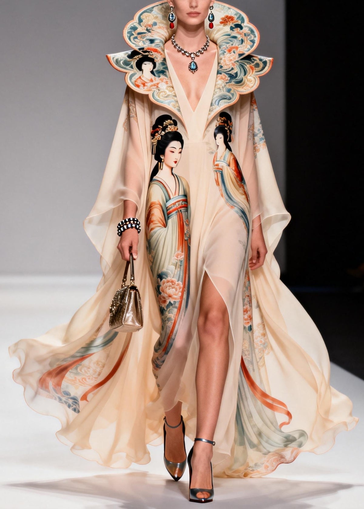 Scalloped Collar Deep V-Neck Illustrative Print Cape Sleeve High Slit Maxi Gown
