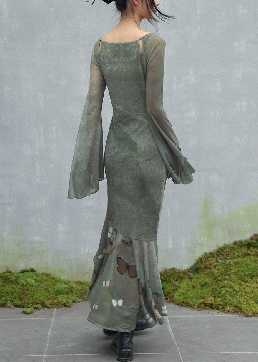 Scoop Neck Shoulder Cut-Out Butterfly Print Bell Sleeve Tiered Maxi Dress