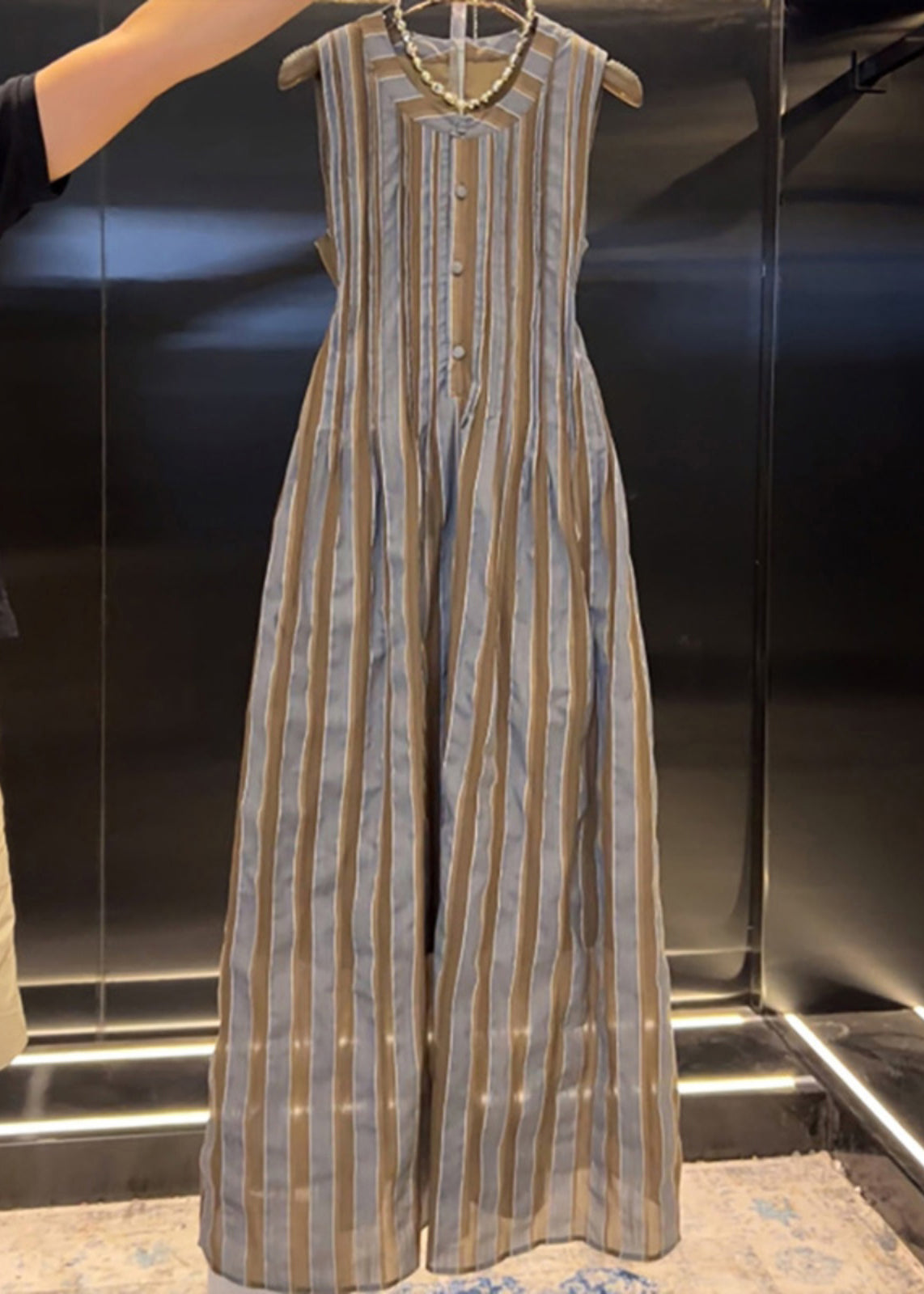 Crew Neck Button Front Pintuck Pleated Striped Sleeveless Maxi Dress