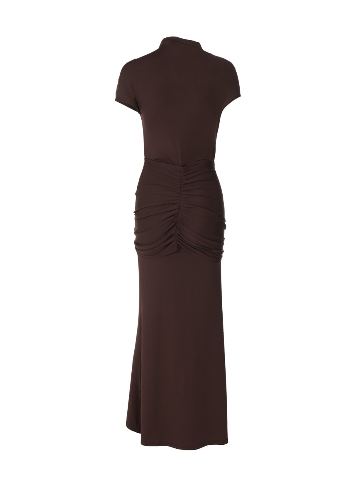 Mock Neck Chest Cutout Cap Sleeve Drape Front Column Maxi Dress